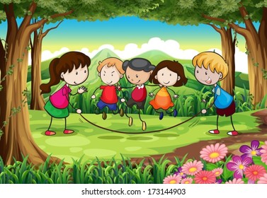 Illustration of a group of kids playing at the forest