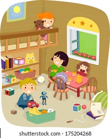 Illustration of a Group of Kids Playing in the Play Room