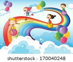 Illustration of a group of kids playing at the sky with a rainbow