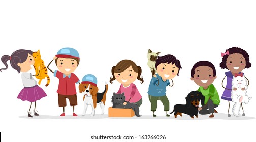 Illustration of a Group of Kids Standing Beside Their Pets