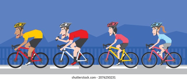 An illustration of a group of man and woman riding bike together