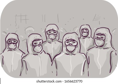 Illustration of a Group of Man and Woman Workers Wearing Protective Suits