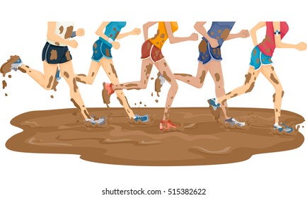 Illustration of a Group of Marathon Runners Running Through a Puddle of Mud