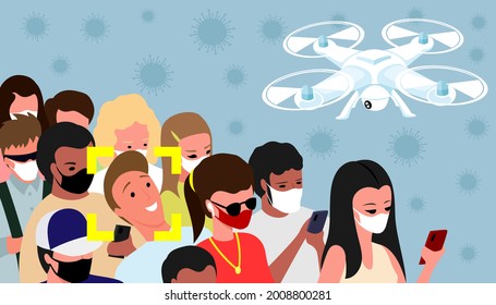Illustration with a group of masked people and a drone above them on a blue background.