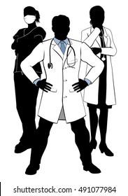An illustration of a group of medical workers, doctors and nurses in a team in silhouette