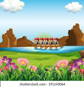Illustration of a group of men boating