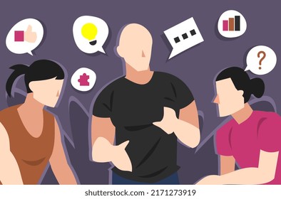 illustration of a group of men discussing something. Includes light icon, idea, thumbs up, puzzle, talk, stats, question mark. suitable for business, work, meeting, plan, etc. flat vector.