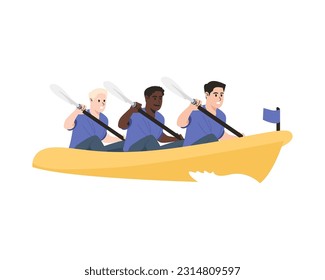 illustration of a group of men kayaking sport, three different skinned men on the boat, a sport boat illustration vector cartoon in isolated white background