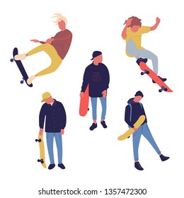 Illustration group of men with skateboard are doing different move. Teenagers culture. 