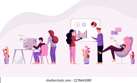 Illustration Group Men and Women Analyze Test Data. People Watching Schedule Computer Monitor. Girl Sitting Chair Reading News Tablet. Marketing Department Examines Obtained Survey Potential Consumer