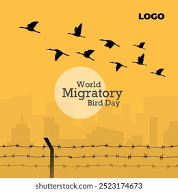 Ilustración del grupo de aves migratorias que vuelan sobre la valla de alambre de púas, concepto creativo del Día Mundial de las Aves Migratorias, póster de redes sociales, Plantilla de diseño de tarjeta de felicitación