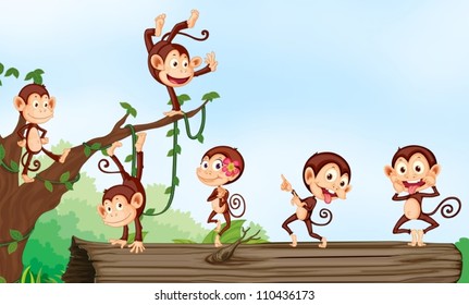 illustration of group of monkeys and nature