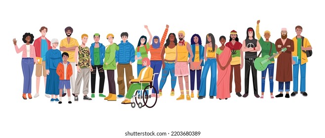 Illustration of group of multiethnic diverse people standing. 