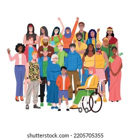 Illustration of group of multiethnic diverse people standing. 