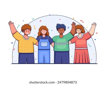 Illustration of a group of multiracial people standing together, waving their hands to welcome a new member, customer, colleague, or newcomer. 