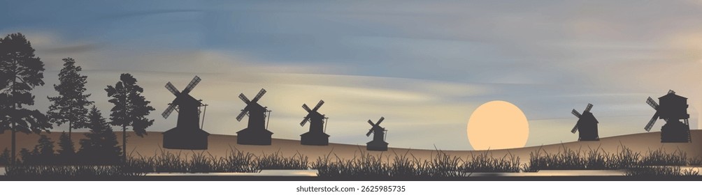 illustration with group of obsolete windmills silhouettes at sunset