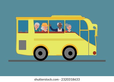 Ilustración de personas mayores de grupo viajan en autobús. Concepto de personas mayores activas durante la jubilación.