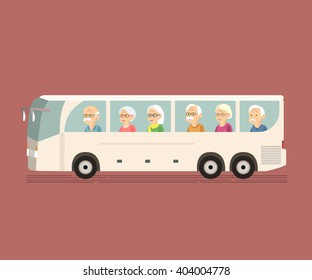 Illustration of group older people travel by bus. Happy senior couple in travel moment on sightseeing bus. Concept of active elderly during retirement. Old woman man traveling vector flat design