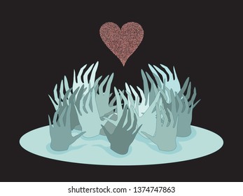 Illustration of a group of open hands on thin round plate, trying to reach the stylized heart made of binary code numbers