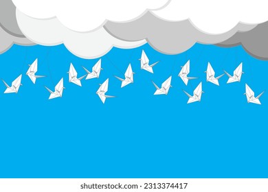 Illustration group of the origami bird flying with cloud on blue background.