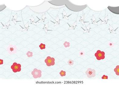Illustration group of the origami bird flying with cloud and flower on blue japan wave background.