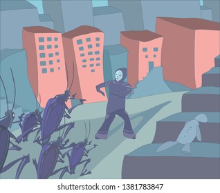 Illustration of a group of oversized cockroaches attacking a child in the poor neighborhood 