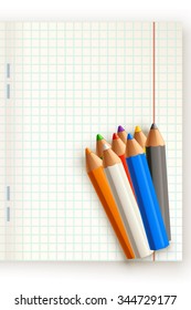illustration of group of pencils different color on paper list