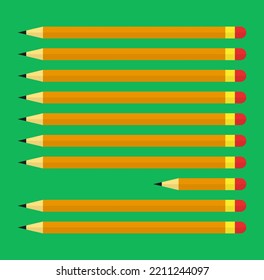 Illustration of a group of pencils to write, pencil smaller than the rest. Hard work.