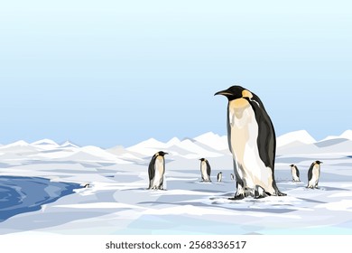 illustration of a group of penguins on a frozen ice beach with a snowy mountain background