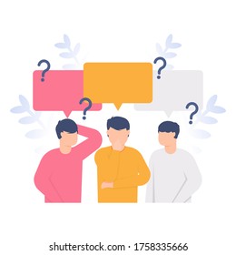 illustration of a group of people asking questions and speech bubbles appearing. concept Frequently asked questions or FAQs, question marks around people, online support center. flat designs.