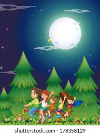 Illustration of a group of people biking in the middle of the night