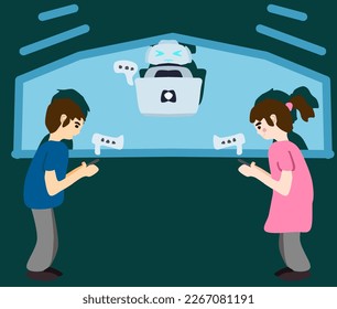 A  illustration of a group of people chatting with a robot. The robot is standing in the center of the group, while the people are interacting with it, discussing the latest news and trends. The