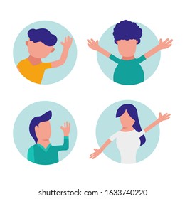 Illustration of group people in circle. Vector of people waved and greeted. Male and female character vector design.