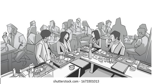 Illustration of group of people friends students conversation studying in pub bar restaurant
