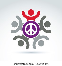 Illustration of group of people with hands up standing around peace sign, excited hippy community. Harmony and freedom conceptual icon.