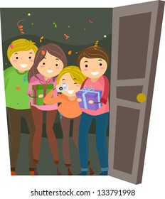 Illustration Of Group Of People Having A Surprise Party For The One Who Opened The Door