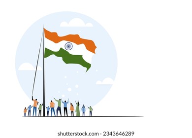 Illustration of a group of people hoisting the Indian tricolour flag
