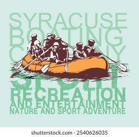 Illustration of a group of people in an inflatable boat going down a rapids. Art for prints on t-shirts, posters, etc.