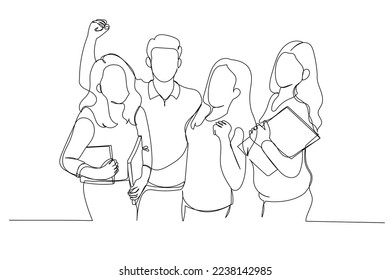 Illustration of group of people looking at camera, smiling and celebrating. Single line art style
