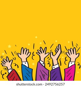 Illustration of a group of people raising their hands in the air