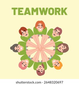 Illustration of a group of people stacking hands in a circle, looking up with smiling faces, symbolizing teamwork, unity, and collaboration, seen from top view.