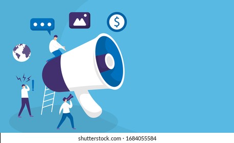 illustration of a group of people using large megaphones to attract attention and announce something. concept refer a friend, public relations, new news information. flat design. 