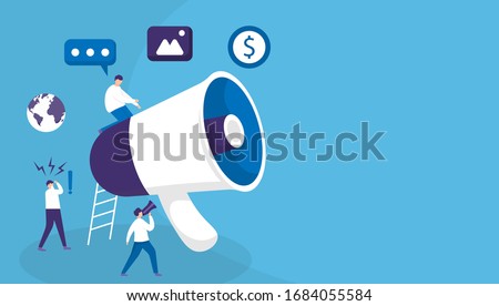 illustration of a group of people using large megaphones to attract attention and announce something. concept refer a friend, public relations, new news information. flat design. 