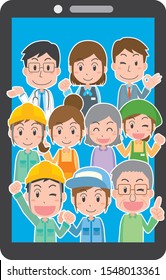 Illustration of a group of people of various occupations in smartphone