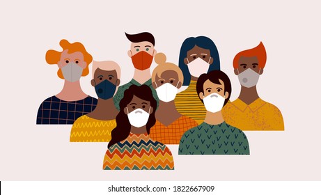 Illustration with group of people wearing protection medical face mask to protect and prevent virus.