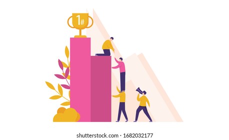 illustration of a group of people working together to get a trophy. concept of mutual cooperation, shoulder to shoulder, friendship. trying to achieve success, award, achievement, number one.