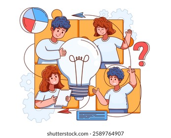 Illustration of a group of people working together, searching for creative idea, brainstorming with teamwork and collaboration. Perfect for design themes of teamwork, collective effort, etc