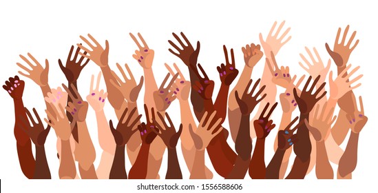 Illustration of a group of people's hands with different skin color together. Diverse crowd, race equality, feminism, tolerance vector art in minimal flat style.