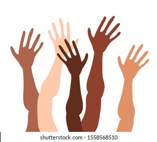 Illustration of a group of people's hands with different skin color together. Diverse crowd, race equality, communication vector art in minimal flat style.