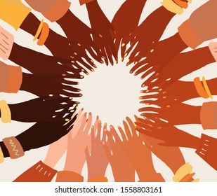 Illustration of a group of people's hands with different skin color together. Diverse crowd, race equality, communication vector art in minimal flat style.